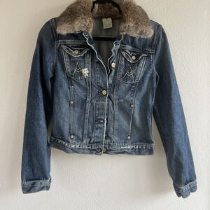 7 For All Mankind Y2K Vintage Jean Jacket Rabbit Fur Collar Size Medium